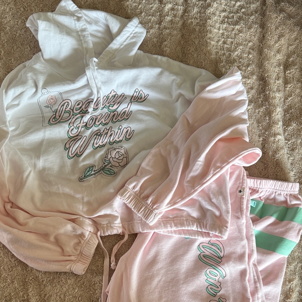 Pink and White Hoodie and Sweatpants Set
